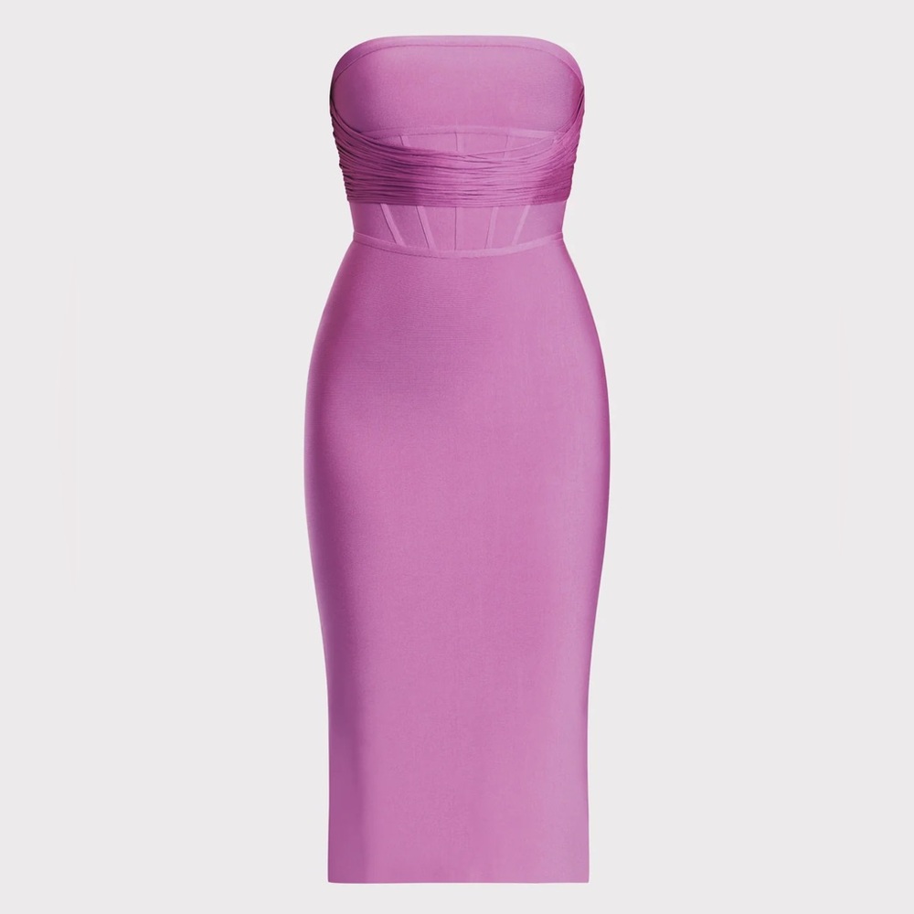 🔥NWT (SMALL) HERVE LEGER DRAPED STRAPLESS FRINGE MIDI DRESS (GUAVA)